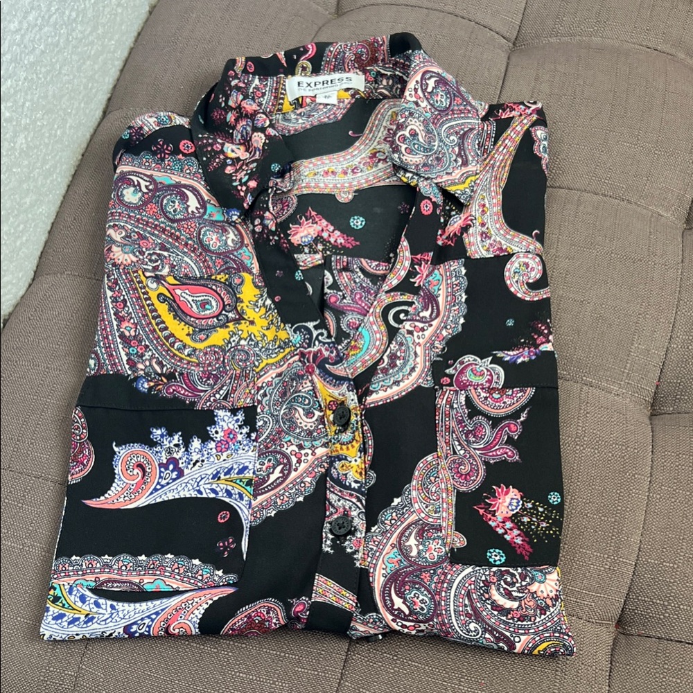 Express Black Colorful Funky Paisley Button Down Shirt XS
